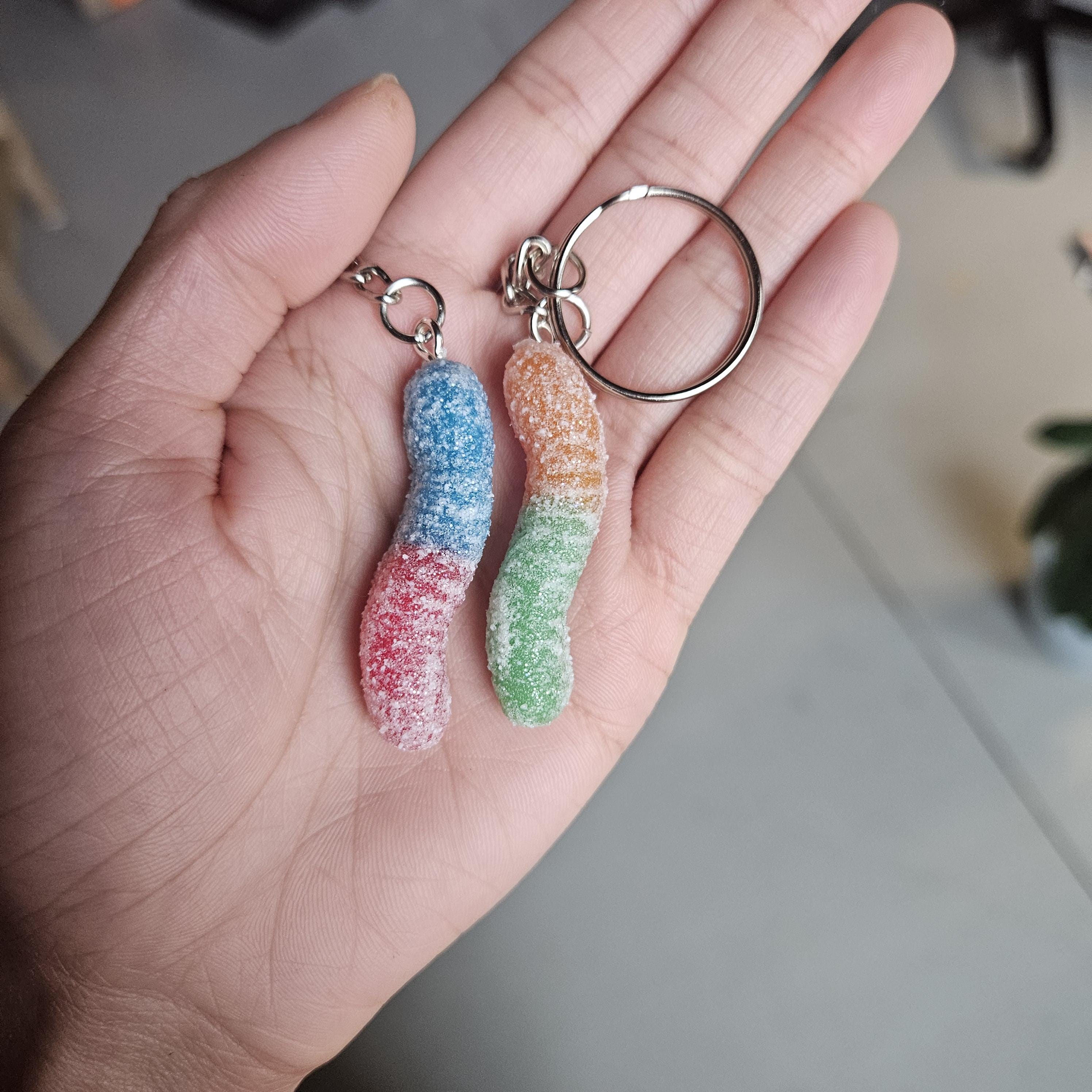 Polymer Clay Gummy Worm Keychain, Colorful Candy Charm Accessory