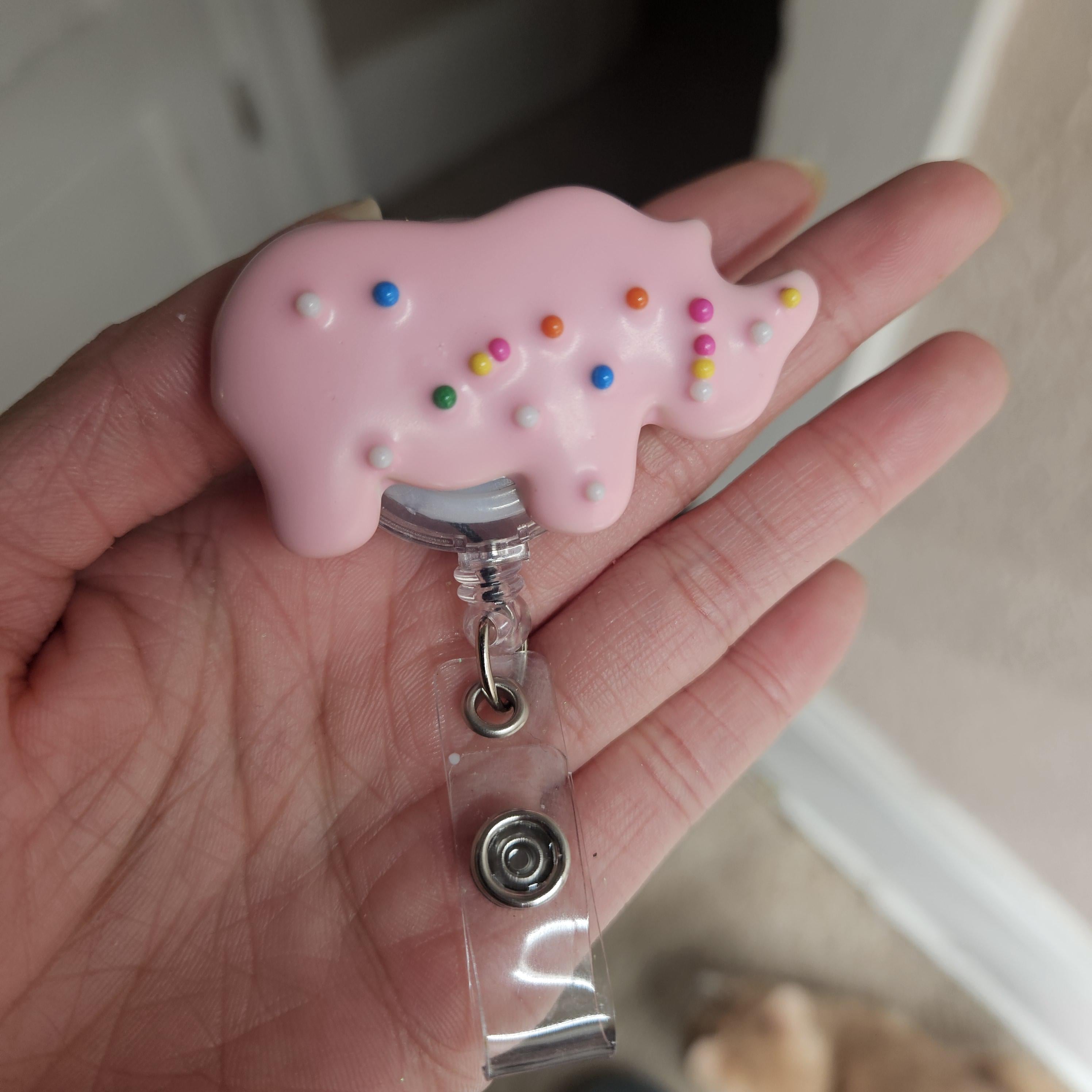 Frosted Animal Cracker Badge Reel, Retractable ID Holder, Polymer Clay Snack Charm