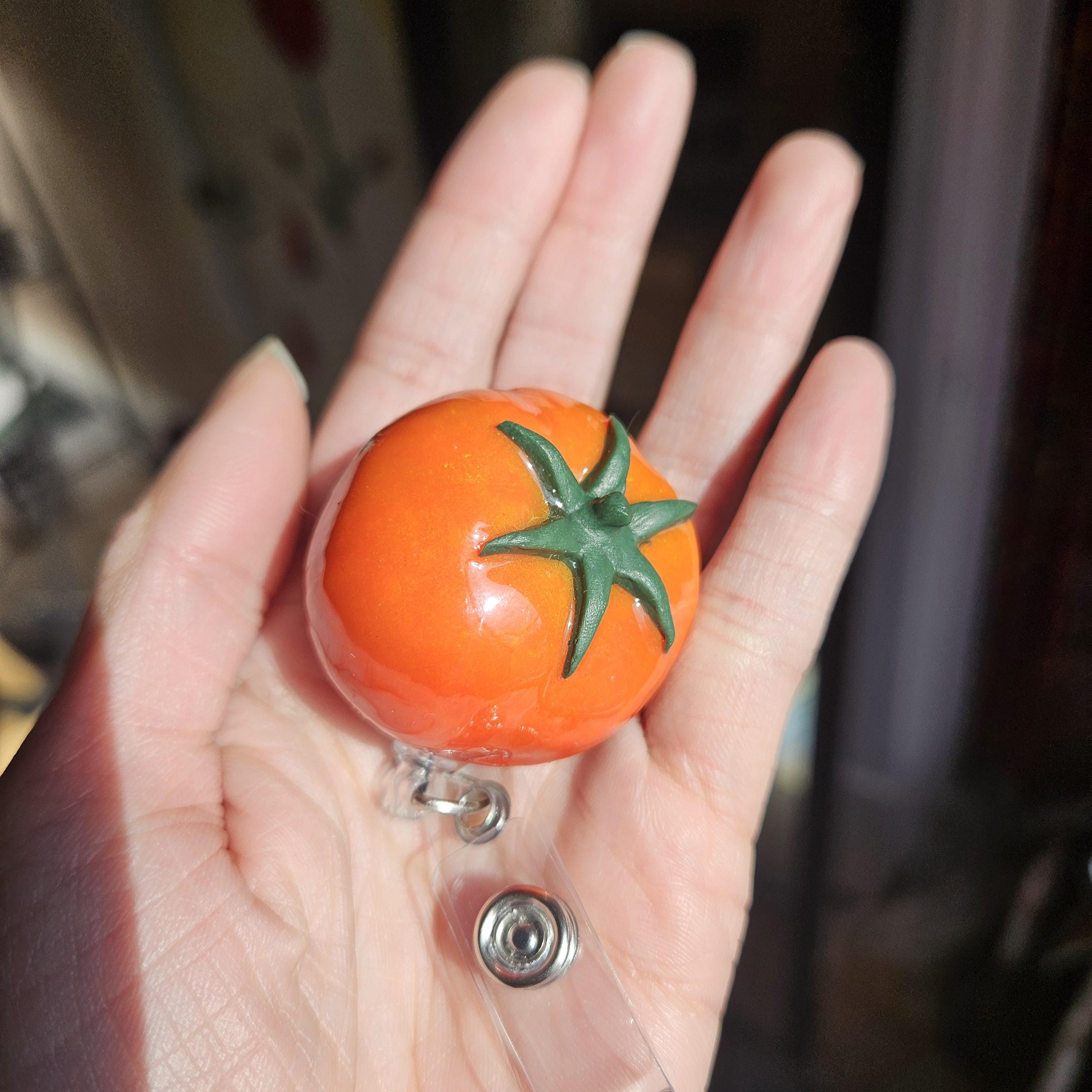 Handmade Tomato Badge Holder, Polymer Clay Work Accessory, Food Inspired Lanyard Charm