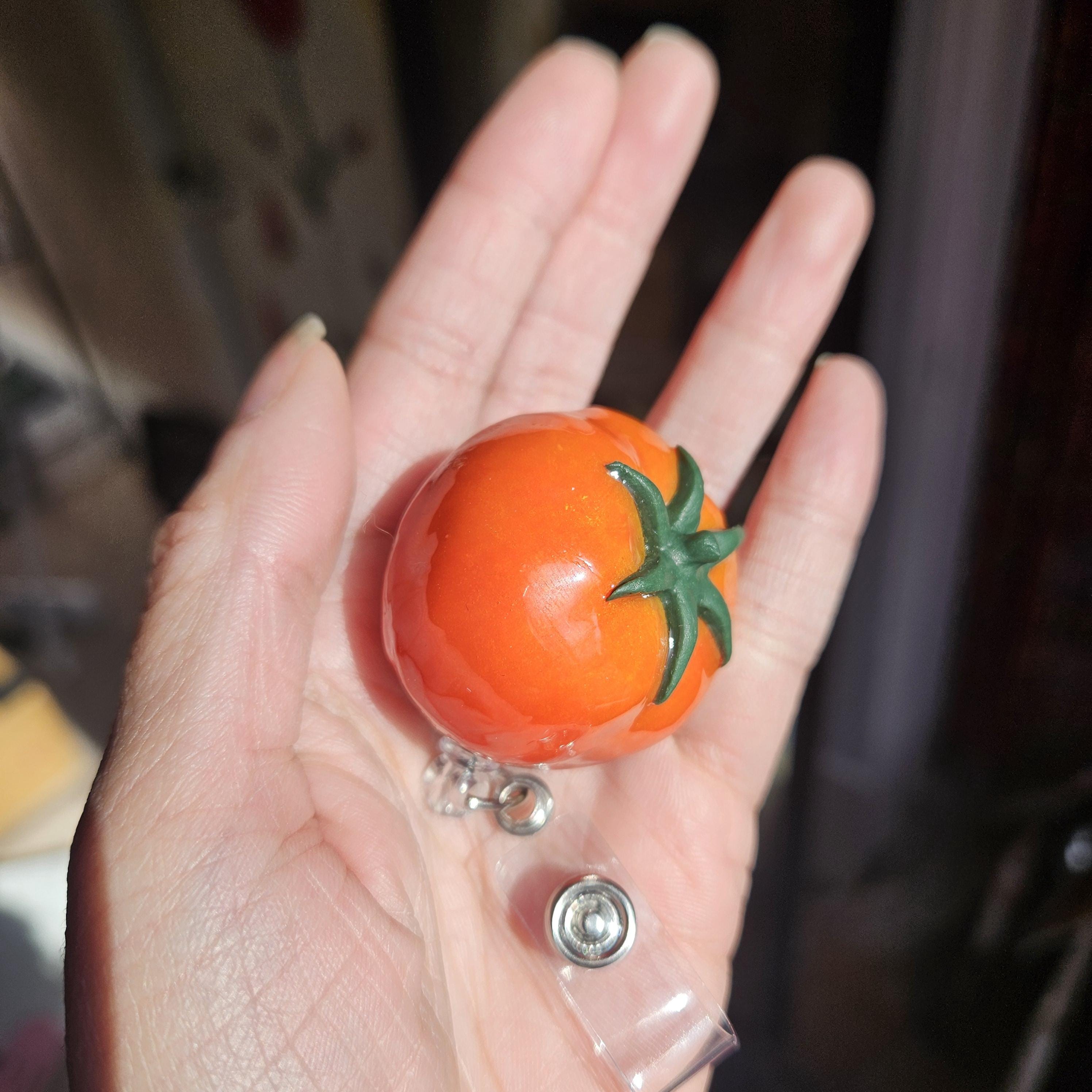 Handmade Tomato Badge Holder, Polymer Clay Work Accessory, Food Inspired Lanyard Charm