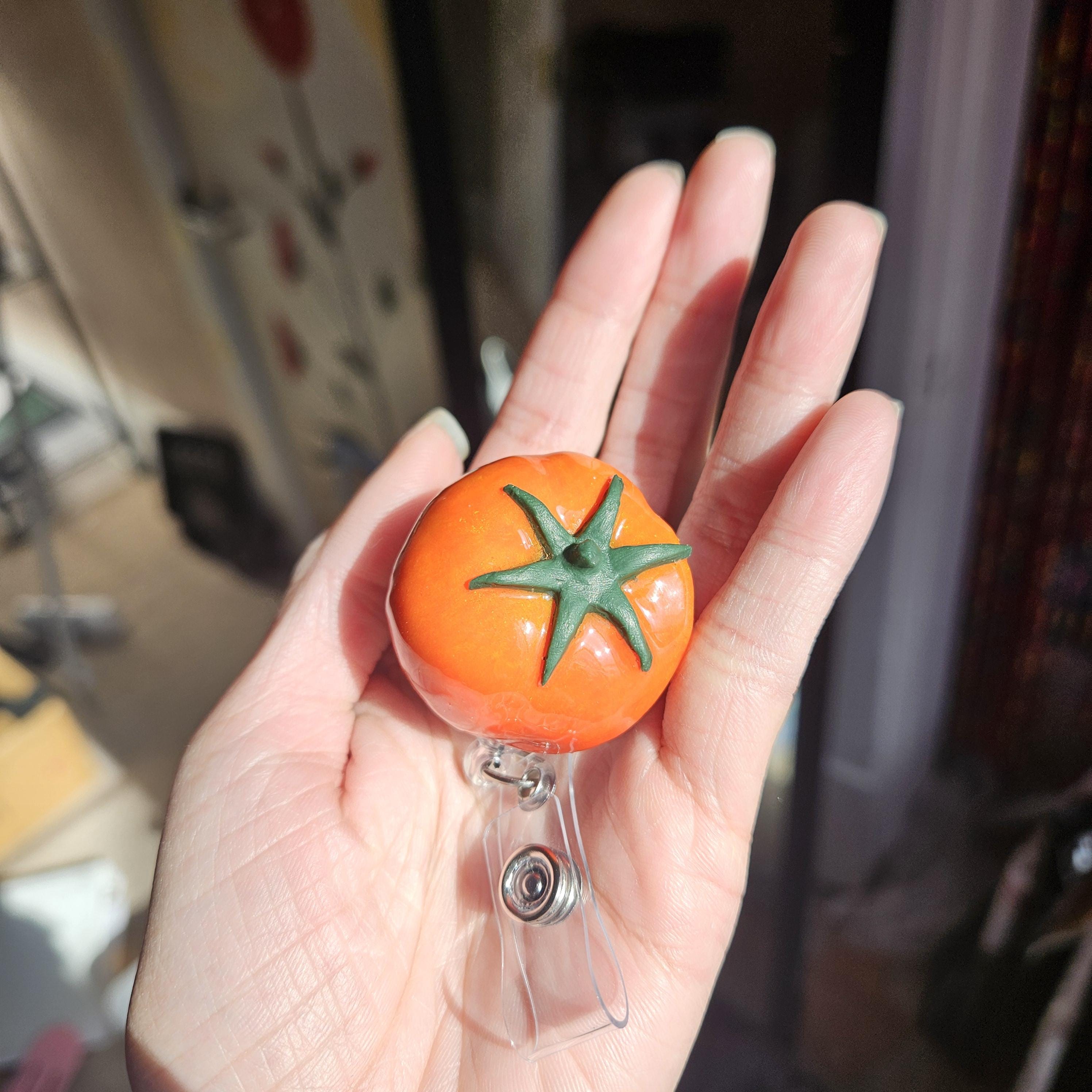 Handmade Tomato Badge Holder, Polymer Clay Work Accessory, Food Inspired Lanyard Charm