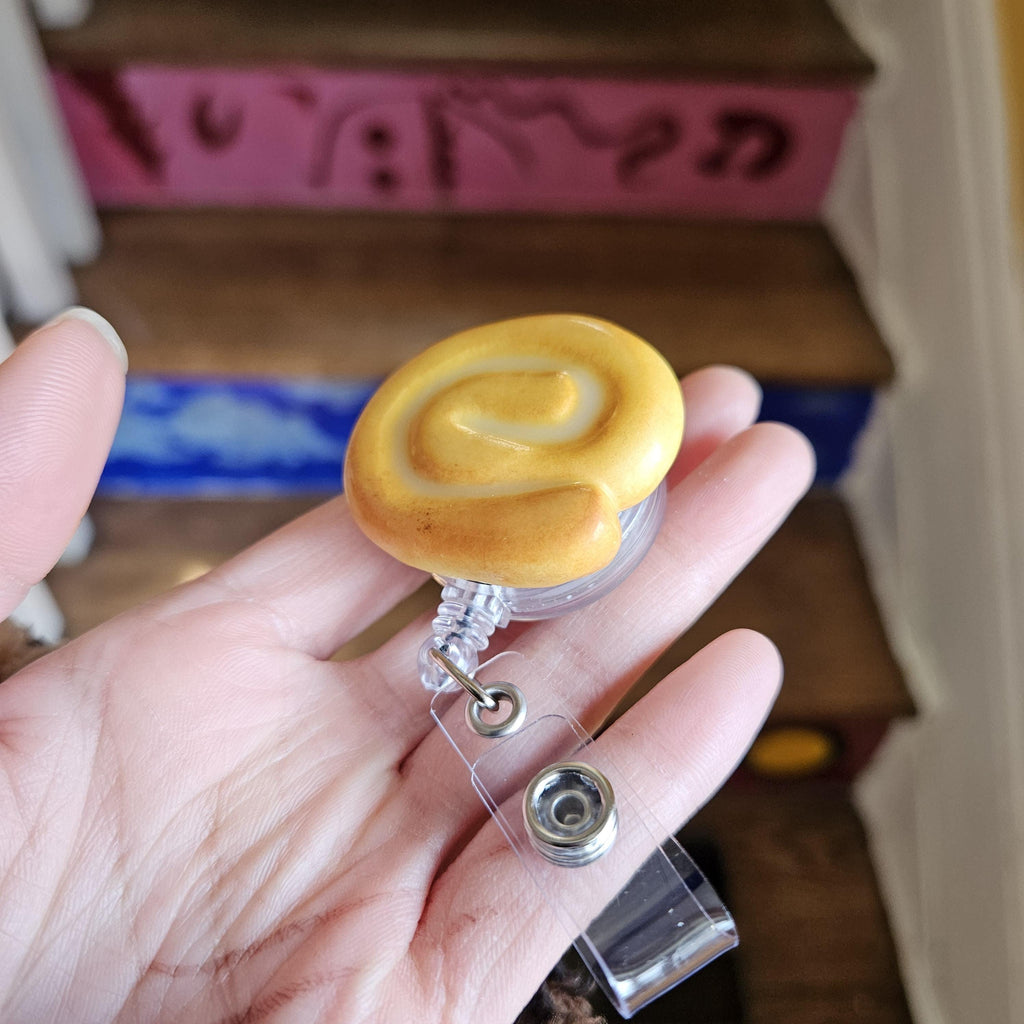 Honey Bun Badge Reel, Polymer Clay Snack ID Holder, Sweet Treat Work Accessory