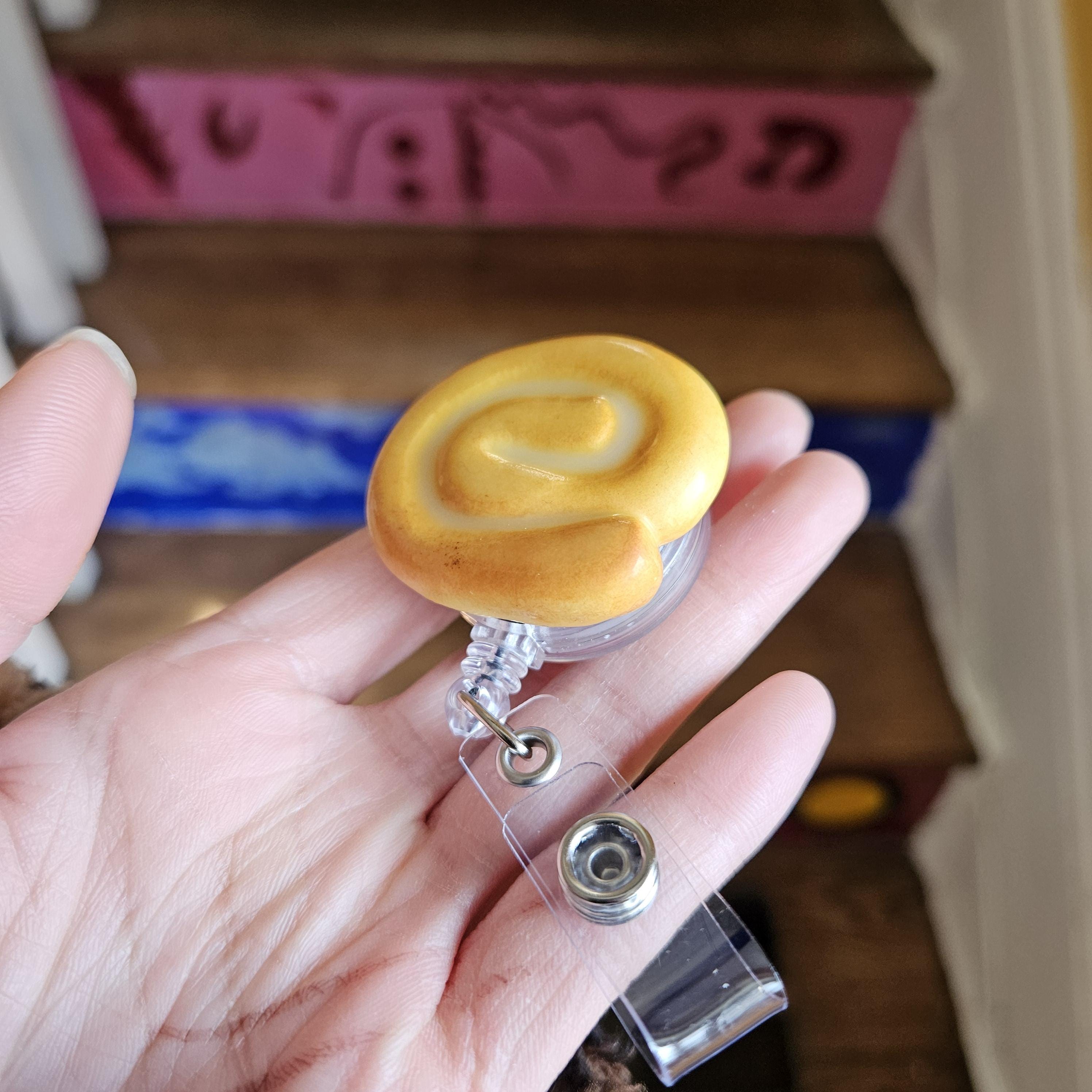Honey Bun Badge Reel, Polymer Clay Snack ID Holder, Sweet Treat Work Accessory