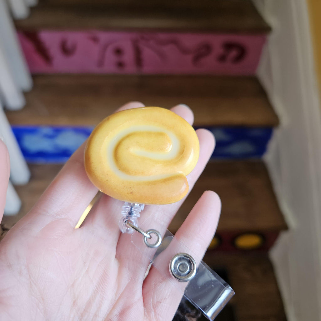 Honey Bun Badge Reel, Polymer Clay Snack ID Holder, Sweet Treat Work Accessory