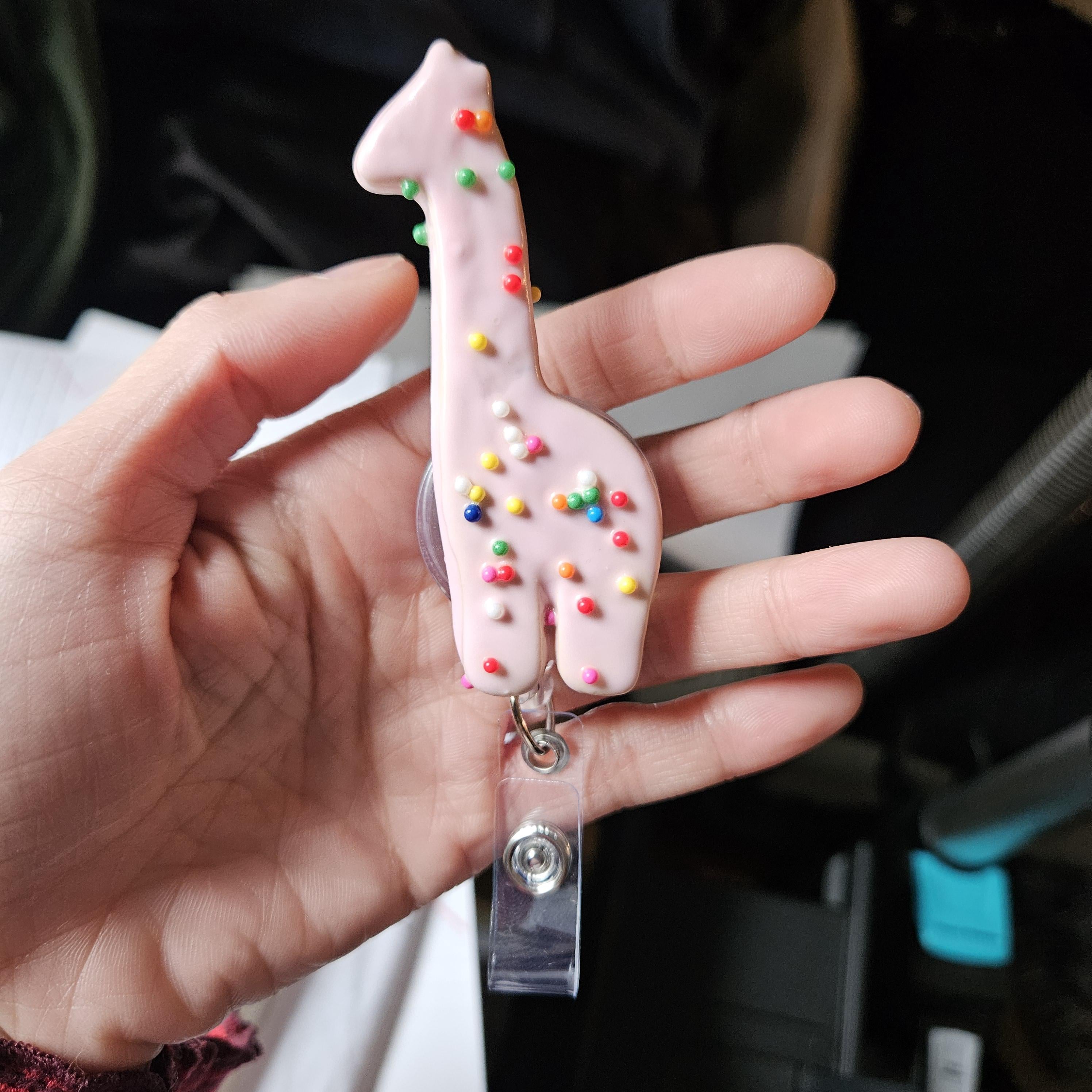 Frosted Animal Cracker Badge Reel, Retractable ID Holder, Polymer Clay Snack Charm