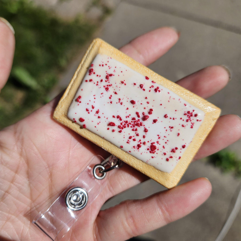 Raspberry Pop-Tart Badge Reel | Cute Nostalgic Snack Accessory | Handmade Badge Holder