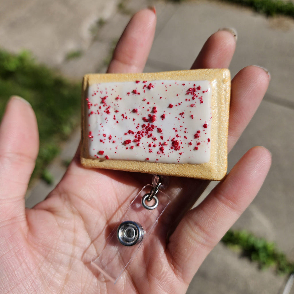 Raspberry Pop-Tart Badge Reel | Cute Nostalgic Snack Accessory | Handmade Badge Holder