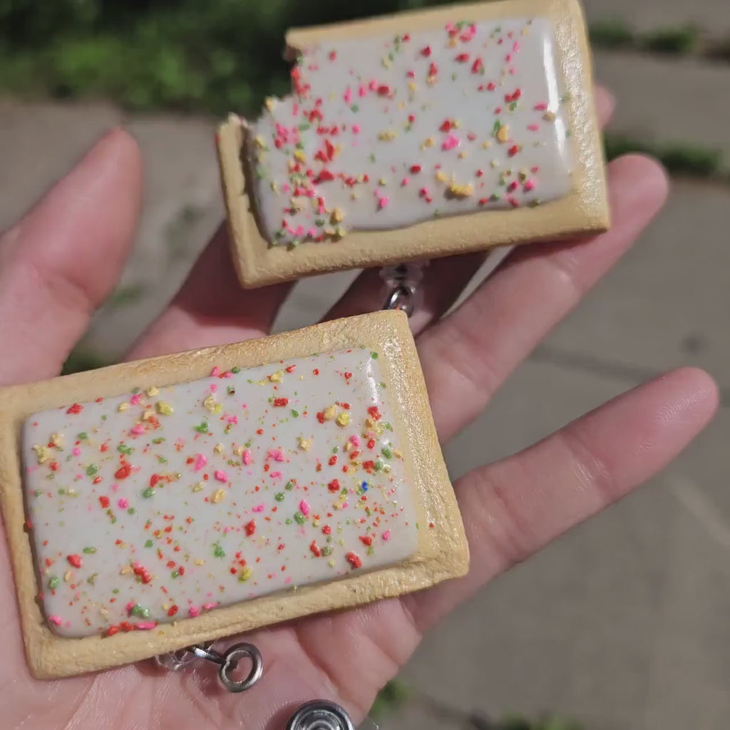 Strawberry Pop-Tart Badge Reel | Cute Nostalgic Snack Accessory | Handmade Badge Holder